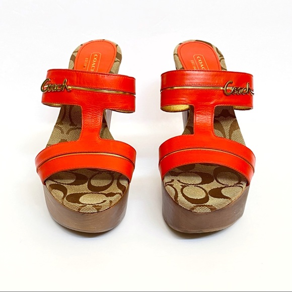 Coach Jonah open toe orange leather straps brown wood platform chunky cone heels - Picture 4 of 12